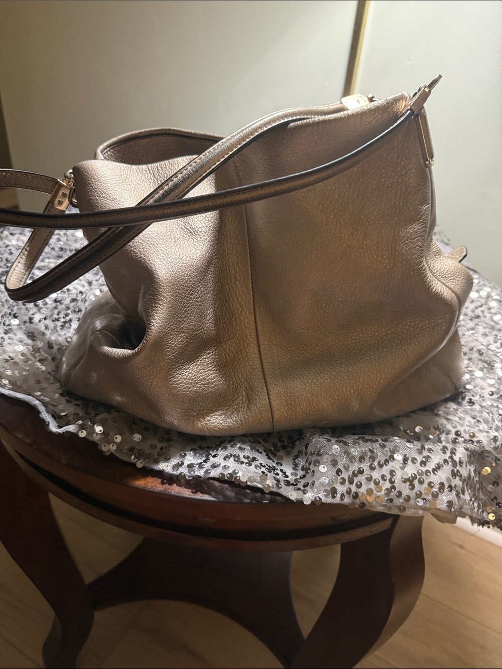 Coach Metallic Taupe Pebbled Leather Shoulder Bag